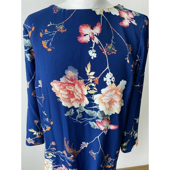 River Island Navy Blue Floral Long Sleeve Dress Size 10 Neck Hollow Bow Tie Back - Picture 2 of 9